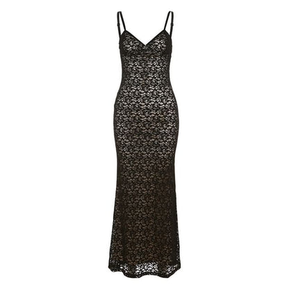 Lace V-Neck Sheath Maxi Dress with Thin Straps