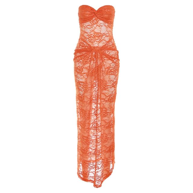 Ruched Lace Tube Sheath Maxi Dress