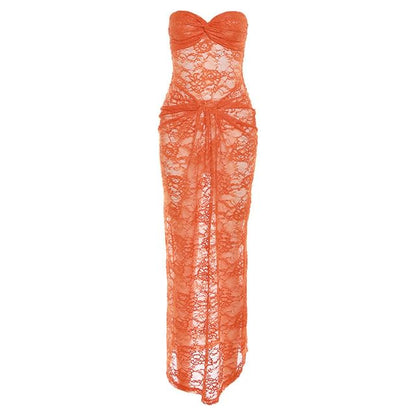 Ruched Lace Tube Sheath Maxi Dress
