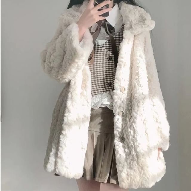 Collared Plain Faux Fur Button Jacket