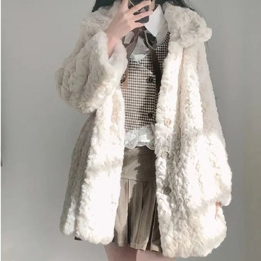 Collared Plain Faux Fur Button Jacket