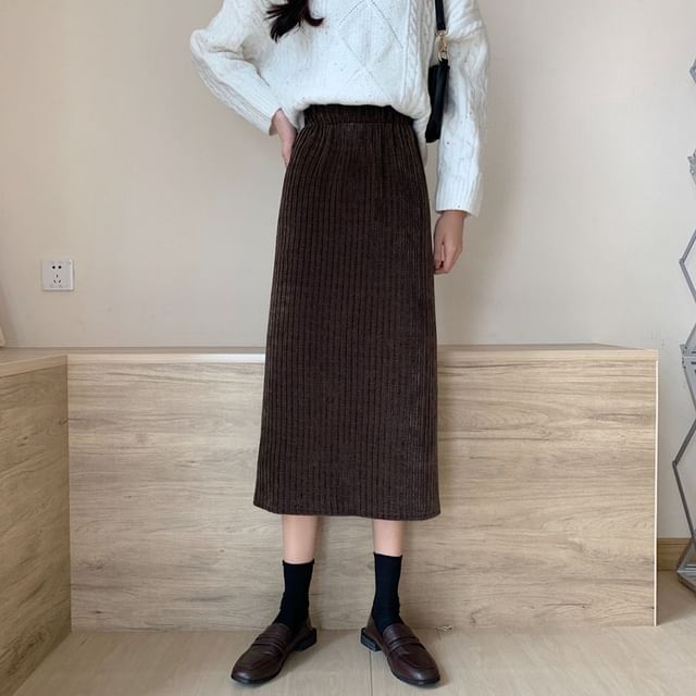 High Waist Corduroy Midi A-Line Skirt