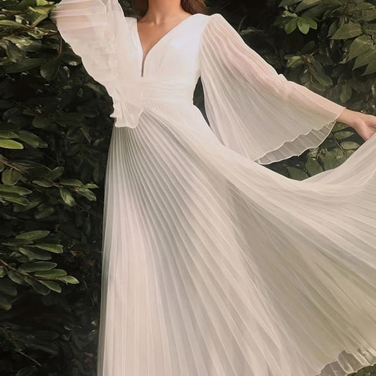 Pleated Long Sleeve A-Line Maxi Dress