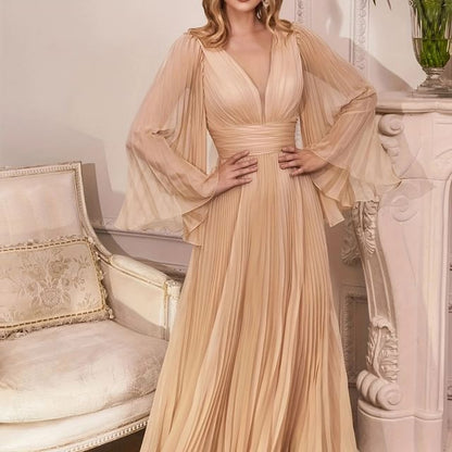 Pleated Long Sleeve A-Line Maxi Dress