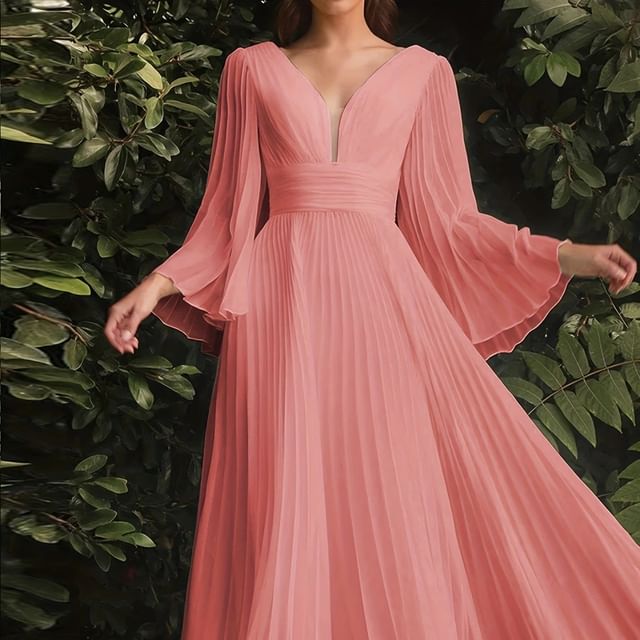 Pleated Long Sleeve A-Line Maxi Dress