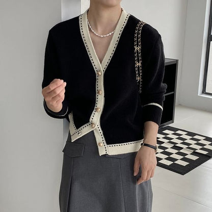 V-Neck Plain Contrast Trim Cardigan