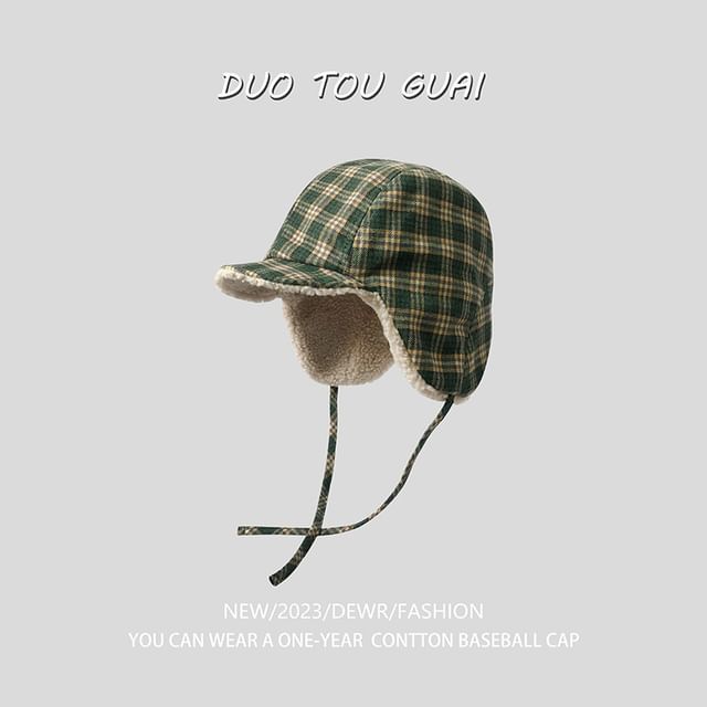 Plaid Fleece Lined Trapper Hat
