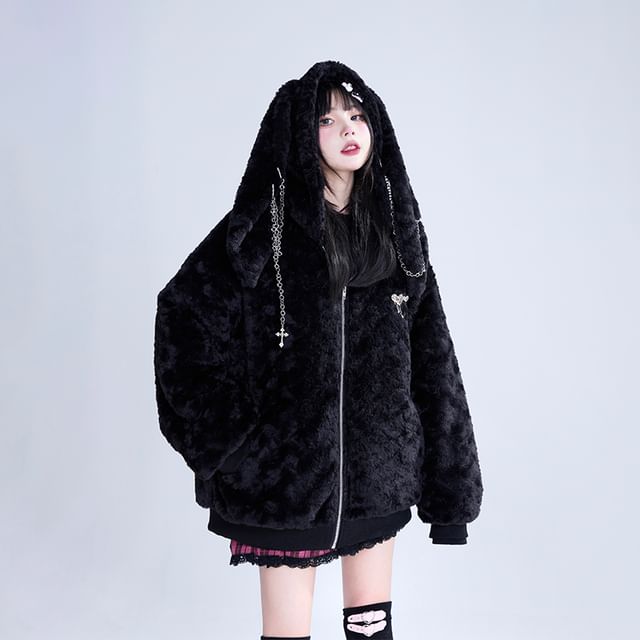 Plain Rabbit Ear Accent Hooded Chained Fluffy Zip-Up Jacket