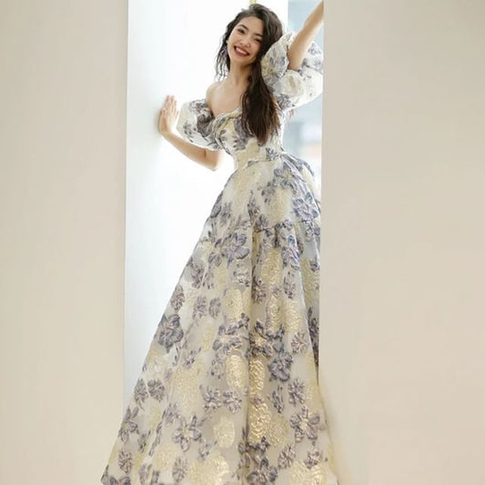 Puff Sleeve Off Shoulder Floral Jacquard A-Line Evening Gown