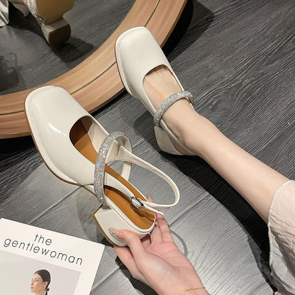 Square Toe Rhinestone Slingback Block Heel Mary Jane Pumps