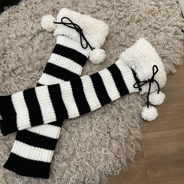 Fleece Trim Striped Knit Leg Warmers