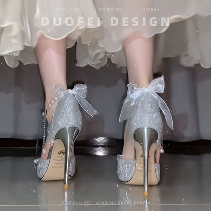 Glitter Bow Faux Pearl Ankle Strap Stiletto Sandals