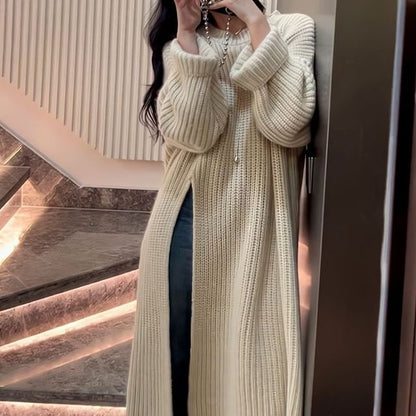 Crew Neck Plain Slit Midi Sweater Dress