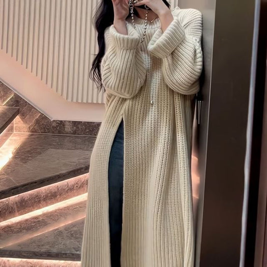 Crew Neck Plain Slit Midi Sweater Dress
