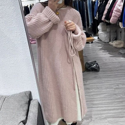 Crew Neck Plain Slit Midi Sweater Dress