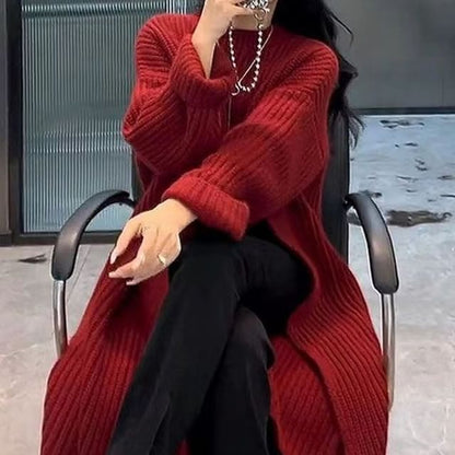 Crew Neck Plain Slit Midi Sweater Dress