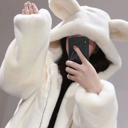 Bear Ear Hooded Fluffy Zip Jacket