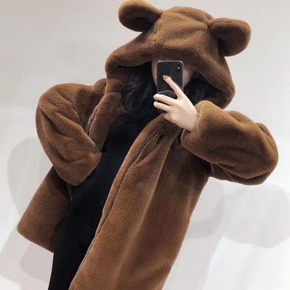 Bear Ear Hooded Fluffy Zip Jacket