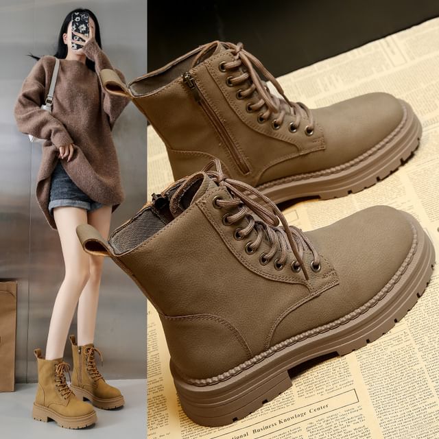 Chunky Heel Plain Faux Leather Lace-Up Short Boots