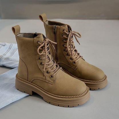 Chunky Heel Plain Faux Leather Lace-Up Short Boots