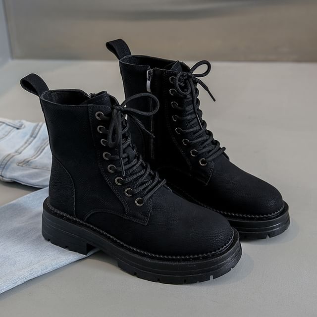 Chunky Heel Plain Faux Leather Lace-Up Short Boots