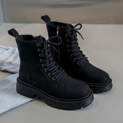 Chunky Heel Plain Faux Leather Lace-Up Short Boots