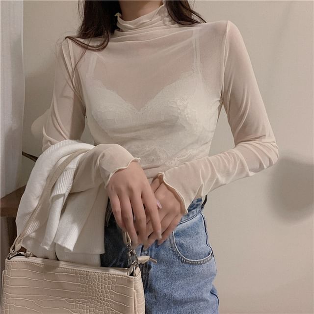 Long-Sleeve Mock Neck Plain Sheer Top – SpreePicky