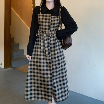 Long-Sleeve Collared Plaid Mock Two Piece Midi A-Line Dress