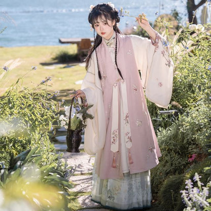 Long-Sleeve Floral Embroidered Hanfu Top / Fluffy Collar Vest / High Waist Floral Print Mamian Skirt / Sash / Set