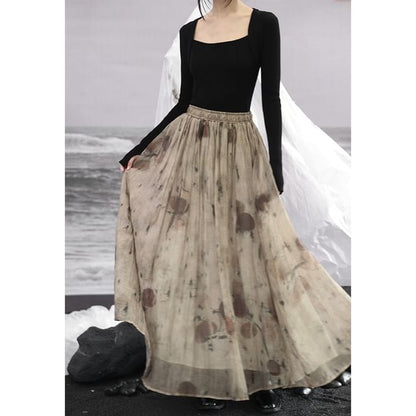 Queen Anne Neckline Print Long Sleeve A-Line Maxi