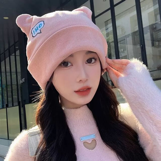 Lettering Embroidered Cat Ear Knit Beanie