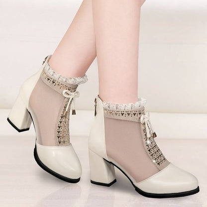 Pointed Panel Chunky Ankle Trim Lace Boots Mesh Heel