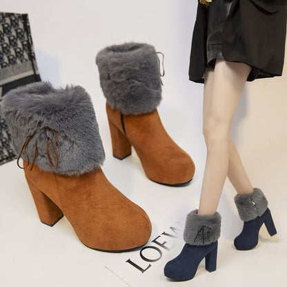 Fluffy Platform Ankle Chunky Trim Boots Heel