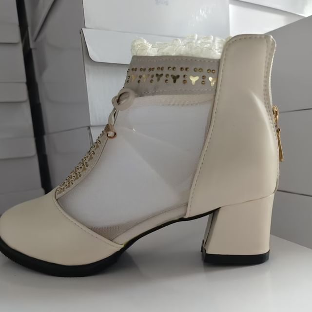 Pointed Panel Chunky Ankle Trim Lace Boots Mesh Heel