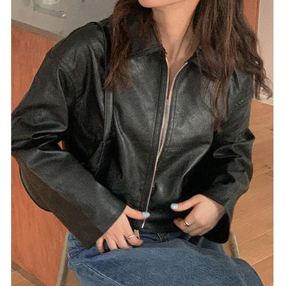 Faux Leather Collared Zip-Up Jacket