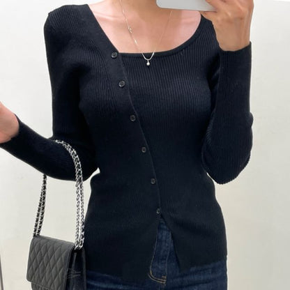 Long-Sleeve Asymmetrical Neckline Button-Up Knit Top