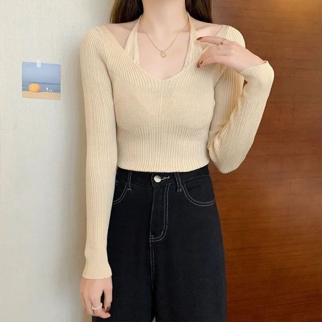 Long-Sleeve Halter Neck Mock Two-Piece Plain Ribbed Slim Fit Knit Top