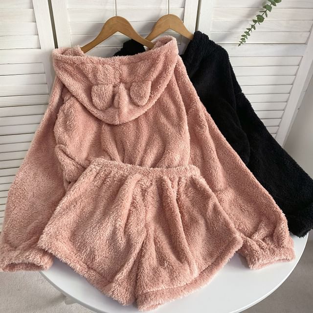 Ensemble : sweat à capuche oversize uni à oreilles d'ours + short à taille élastique