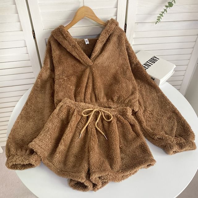 Ensemble : sweat à capuche oversize uni à oreilles d'ours + short à taille élastique