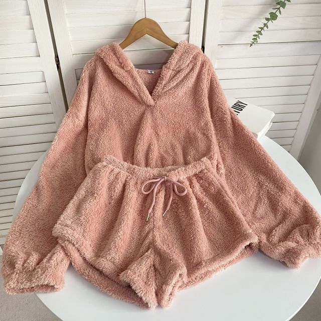 Ensemble : sweat à capuche oversize uni à oreilles d'ours + short à taille élastique