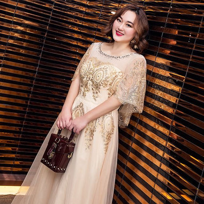 Gown Plus Evening Size Mesh Cap Sequined Sleeve Detail A-Line