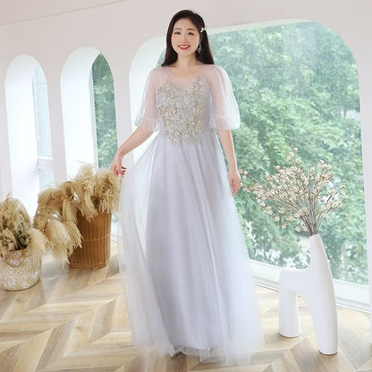 Plus Size Bell Sleeve Embroidery Applique Mesh A-Line Evening Gown