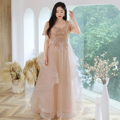 Sleeve Puff Gown Ruffled Sequined Size Neckline Sweetheart Mesh Evening Plus A-Line