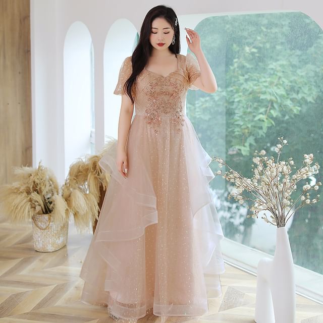 [2XL-6XL] Puff Sleeve Sweetheart Neckline Sequined Ruffled Mesh A-Line Evening Gown