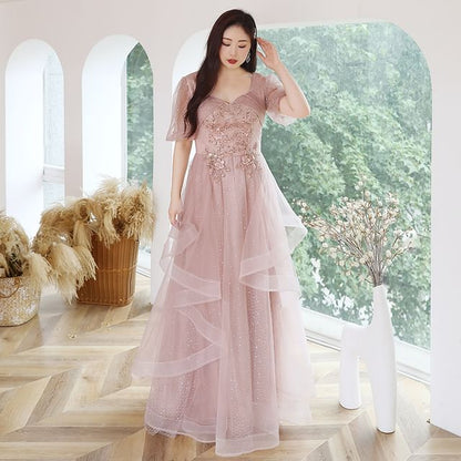 [2XL-6XL] Puff Sleeve Sweetheart Neckline Sequined Ruffled Mesh A-Line Evening Gown