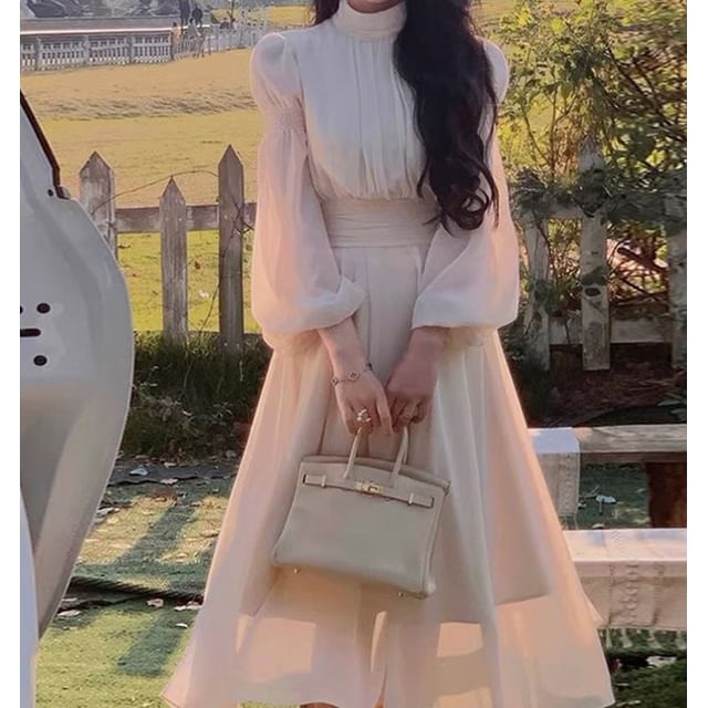 Long-Sleeve Stand Collar Plain Midi A-Line Dress