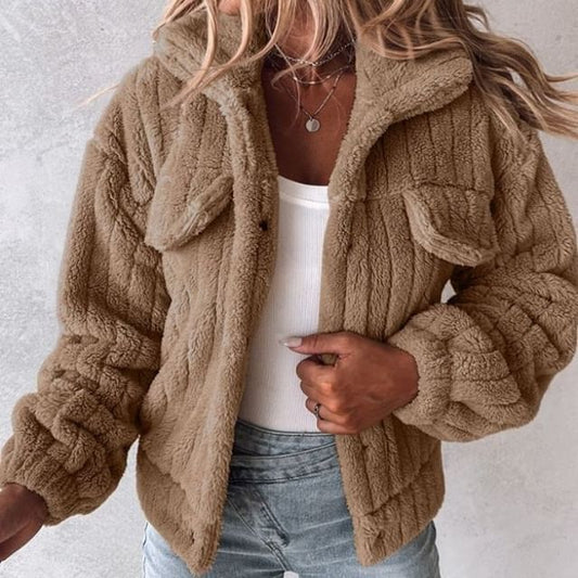 Collared Plain Fluffy Button-Up Jacket