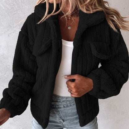 Collared Plain Fluffy Button-Up Jacket