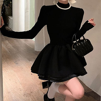 Long-Sleeve Mock Neck Plain Layered Mini A-Line Knit Dress