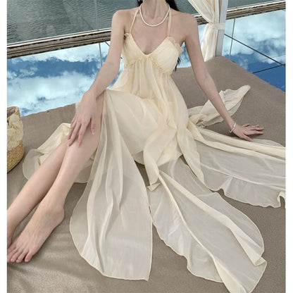 Halter Neck Plain Asymmetrical Frill Trim Ruffle Open Back Maxi A-Line Dress